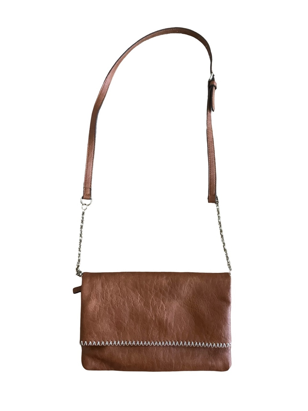 Brown Leather Crossbody Bag with Chain-Detail Strap